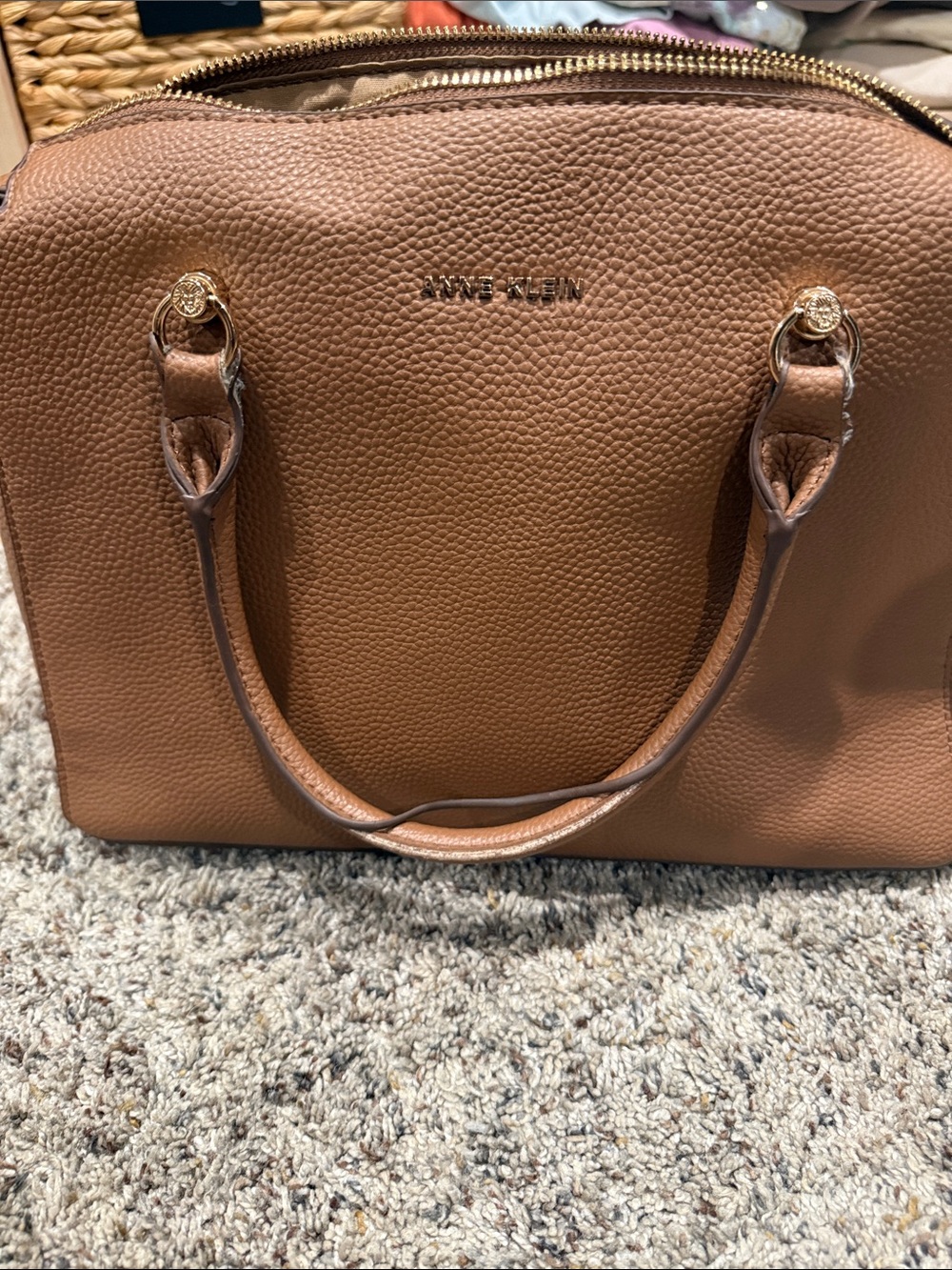 Anne Klein Tan Pebbled Leather Satchel with Gold Hardware